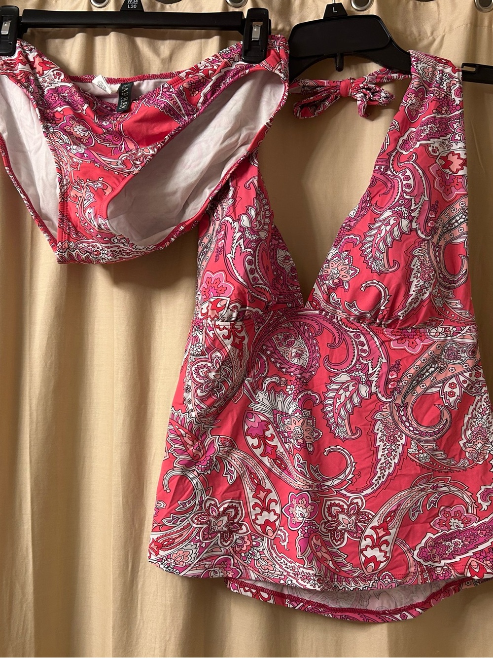 Ralph Lauren Pink Paisley Halter Tankini Set note sizes.  Top 14 bottom size 12